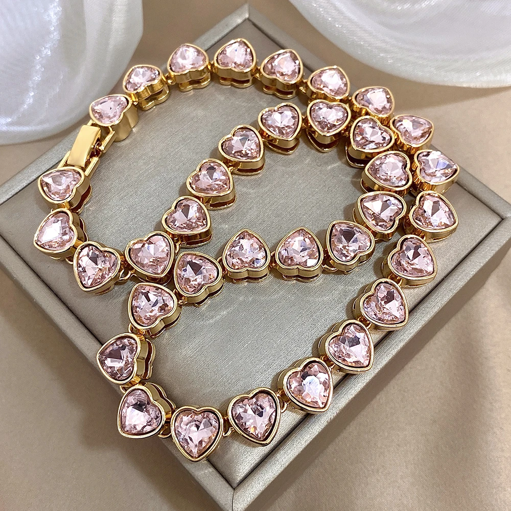 Romantic Rainbow Pink Heart Zircon Link Chain Necklace for Women Elegant Gold Color Choker Necklaces Valentine's Day Gifts