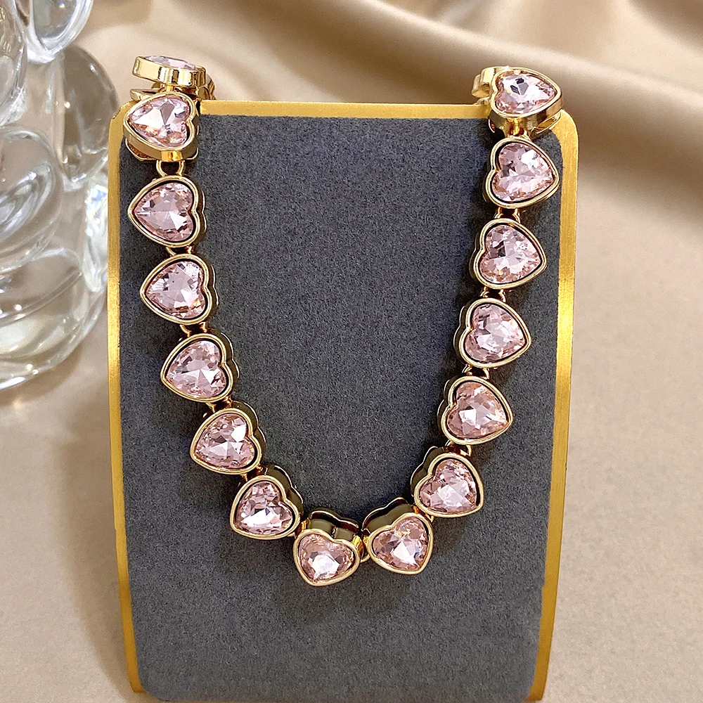 Romantic Rainbow Pink Heart Zircon Link Chain Necklace for Women Elegant Gold Color Choker Necklaces Valentine's Day Gifts