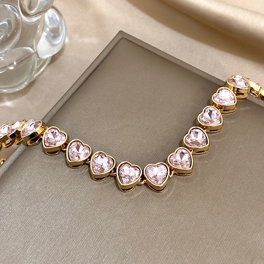 Romantic Rainbow Pink Heart Zircon Link Chain Necklace for Women Elegant Gold Color Choker Necklaces Valentine's Day Gifts