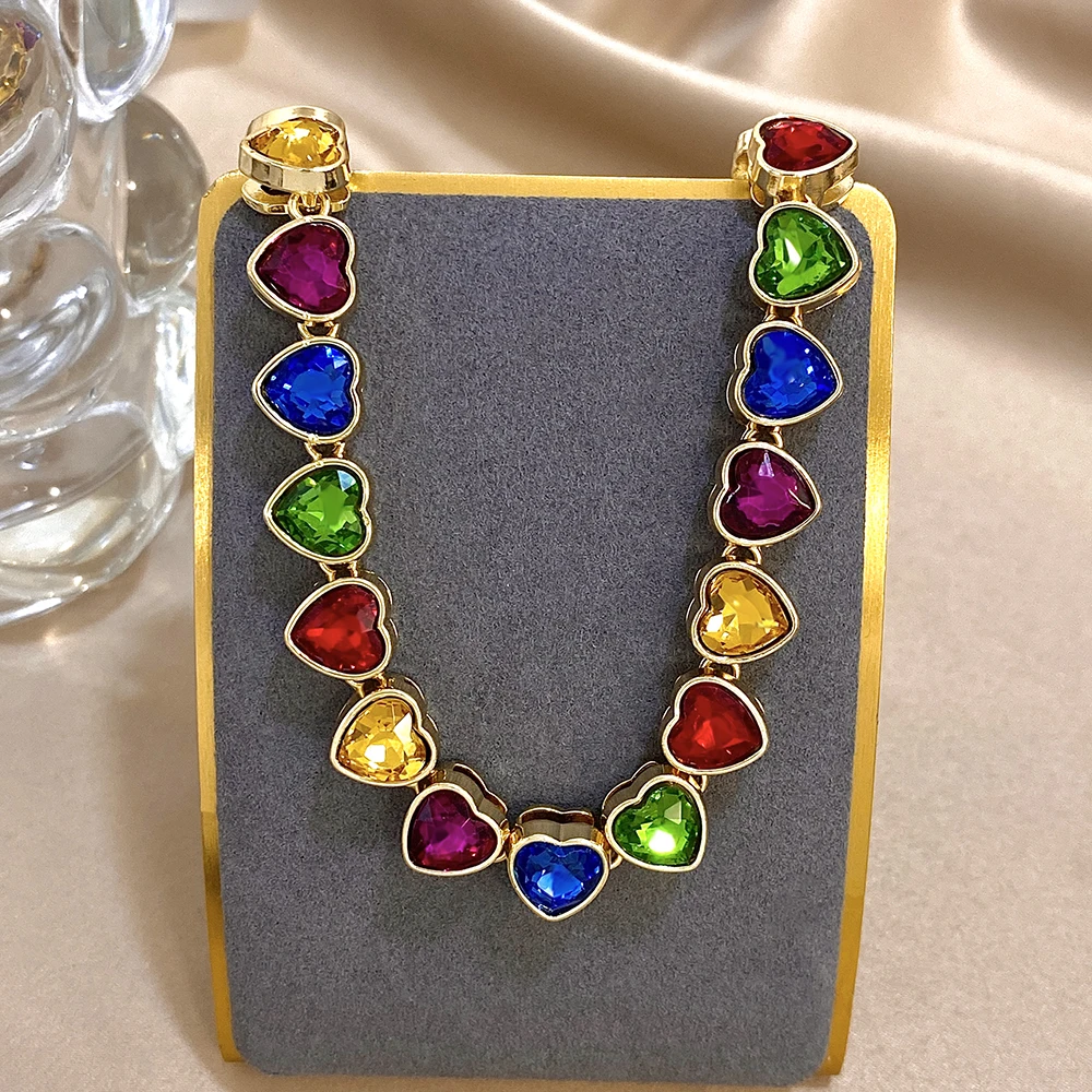Romantic Rainbow Pink Heart Zircon Link Chain Necklace for Women Elegant Gold Color Choker Necklaces Valentine's Day Gifts