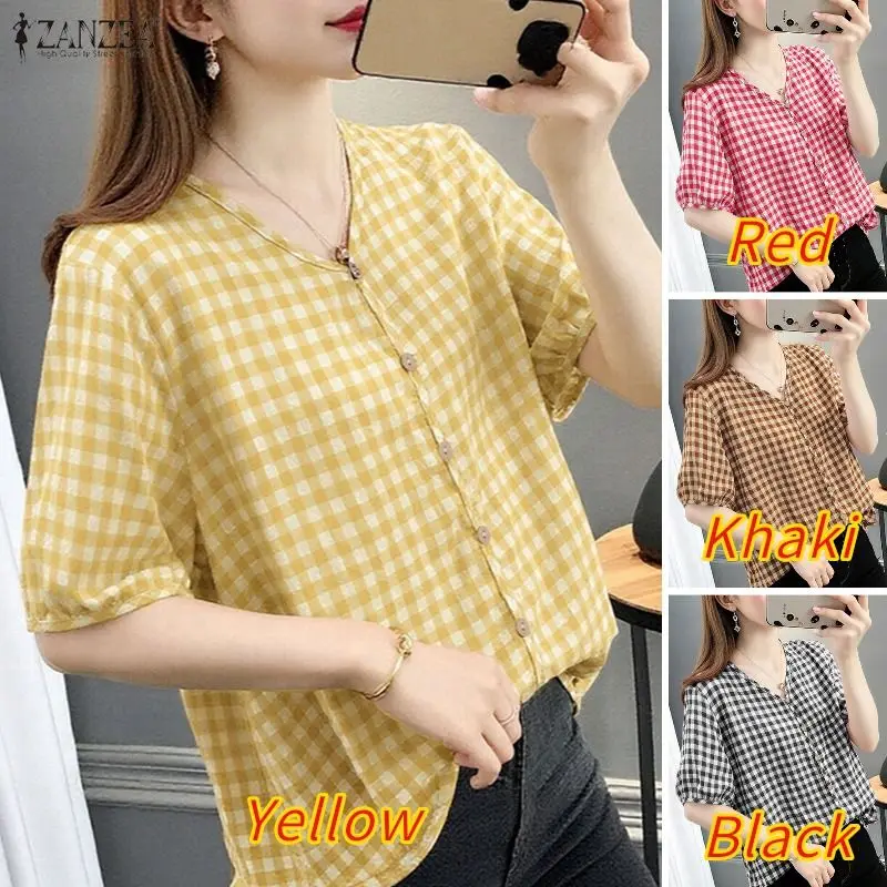 ZANZEA Women Loose Gingham Shirts Vintage Half Puff Sleeve V-Neck Button Up Tops Summer Daily Casual Plaid Blusas de Mujer