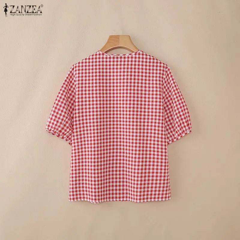 ZANZEA Women Loose Gingham Shirts Vintage Half Puff Sleeve V-Neck Button Up Tops Summer Daily Casual Plaid Blusas de Mujer