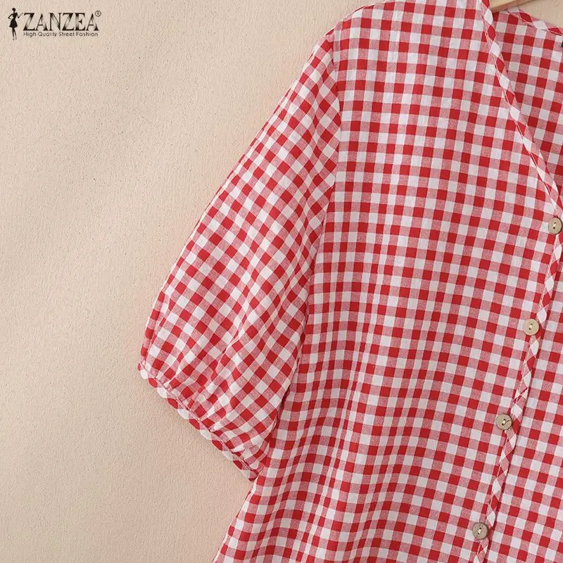 ZANZEA Women Loose Gingham Shirts Vintage Half Puff Sleeve V-Neck Button Up Tops Summer Daily Casual Plaid Blusas de Mujer