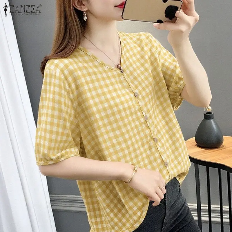 ZANZEA Women Loose Gingham Shirts Vintage Half Puff Sleeve V-Neck Button Up Tops Summer Daily Casual Plaid Blusas de Mujer