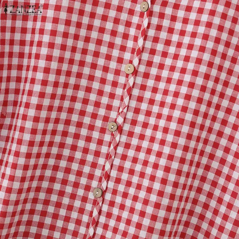 ZANZEA Women Loose Gingham Shirts Vintage Half Puff Sleeve V-Neck Button Up Tops Summer Daily Casual Plaid Blusas de Mujer