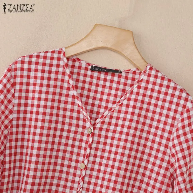 ZANZEA Women Loose Gingham Shirts Vintage Half Puff Sleeve V-Neck Button Up Tops Summer Daily Casual Plaid Blusas de Mujer