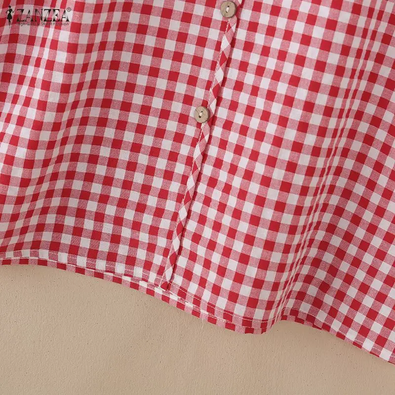 ZANZEA Women Loose Gingham Shirts Vintage Half Puff Sleeve V-Neck Button Up Tops Summer Daily Casual Plaid Blusas de Mujer