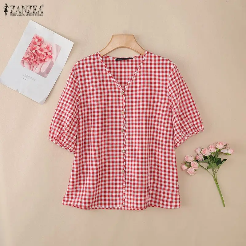 ZANZEA Women Loose Gingham Shirts Vintage Half Puff Sleeve V-Neck Button Up Tops Summer Daily Casual Plaid Blusas de Mujer