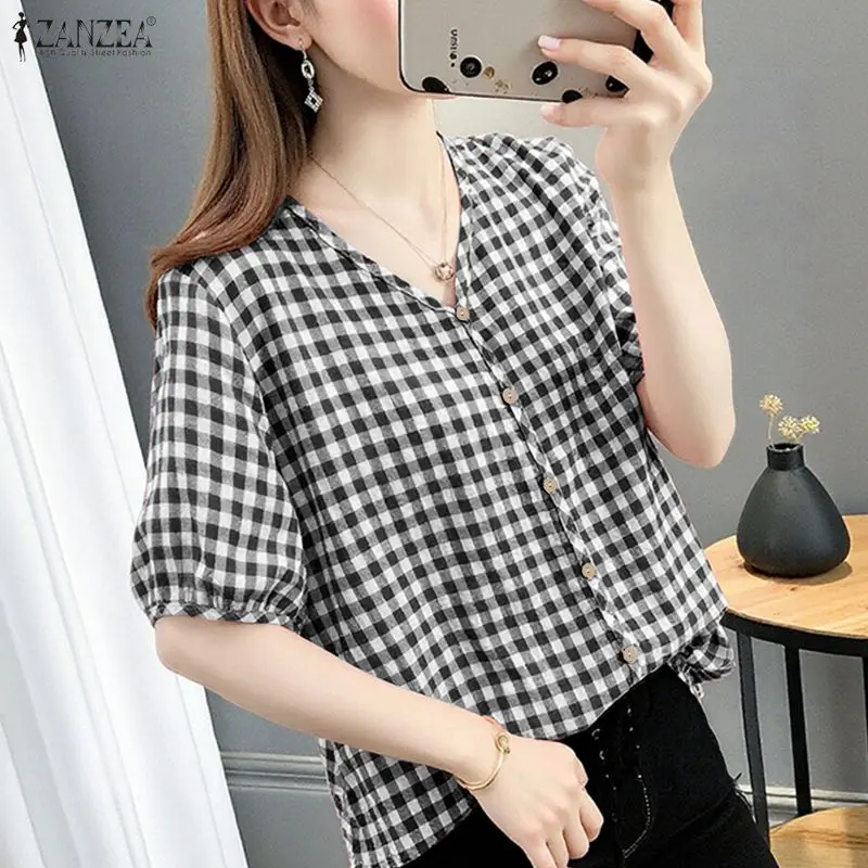 ZANZEA Women Loose Gingham Shirts Vintage Half Puff Sleeve V-Neck Button Up Tops Summer Daily Casual Plaid Blusas de Mujer