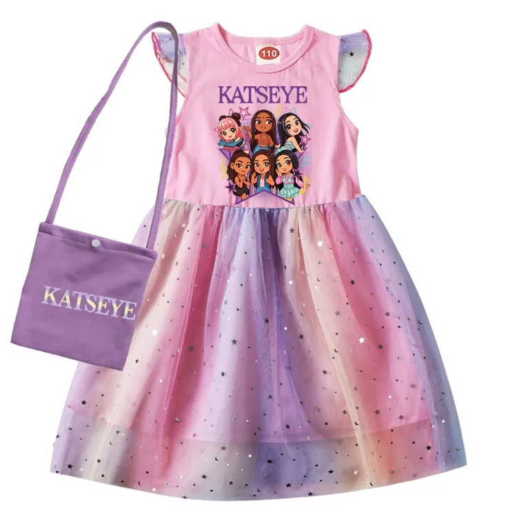 Kpop KATSEYE Costume for Baby Girls Sequin Dress Kids Fashion Wedding Party Princess Frock Children Short Sleeve Casual Dresses
