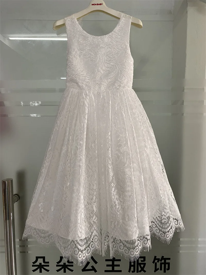 White Lace Flower Girl Dress with Big Bow Elegant Sleeveless A-Line Ball Gowns Formal Communion Wedding Party Dresses