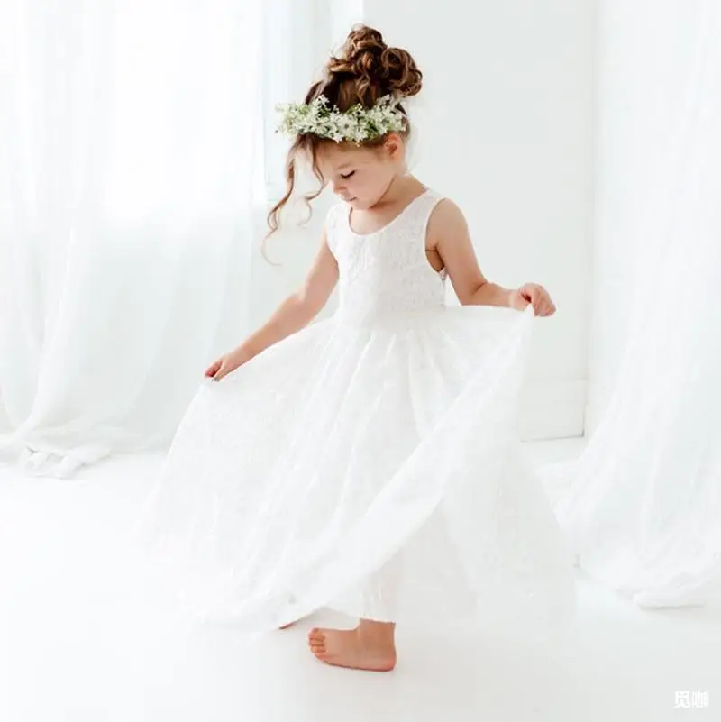 White Lace Flower Girl Dress with Big Bow Elegant Sleeveless A-Line Ball Gowns Formal Communion Wedding Party Dresses