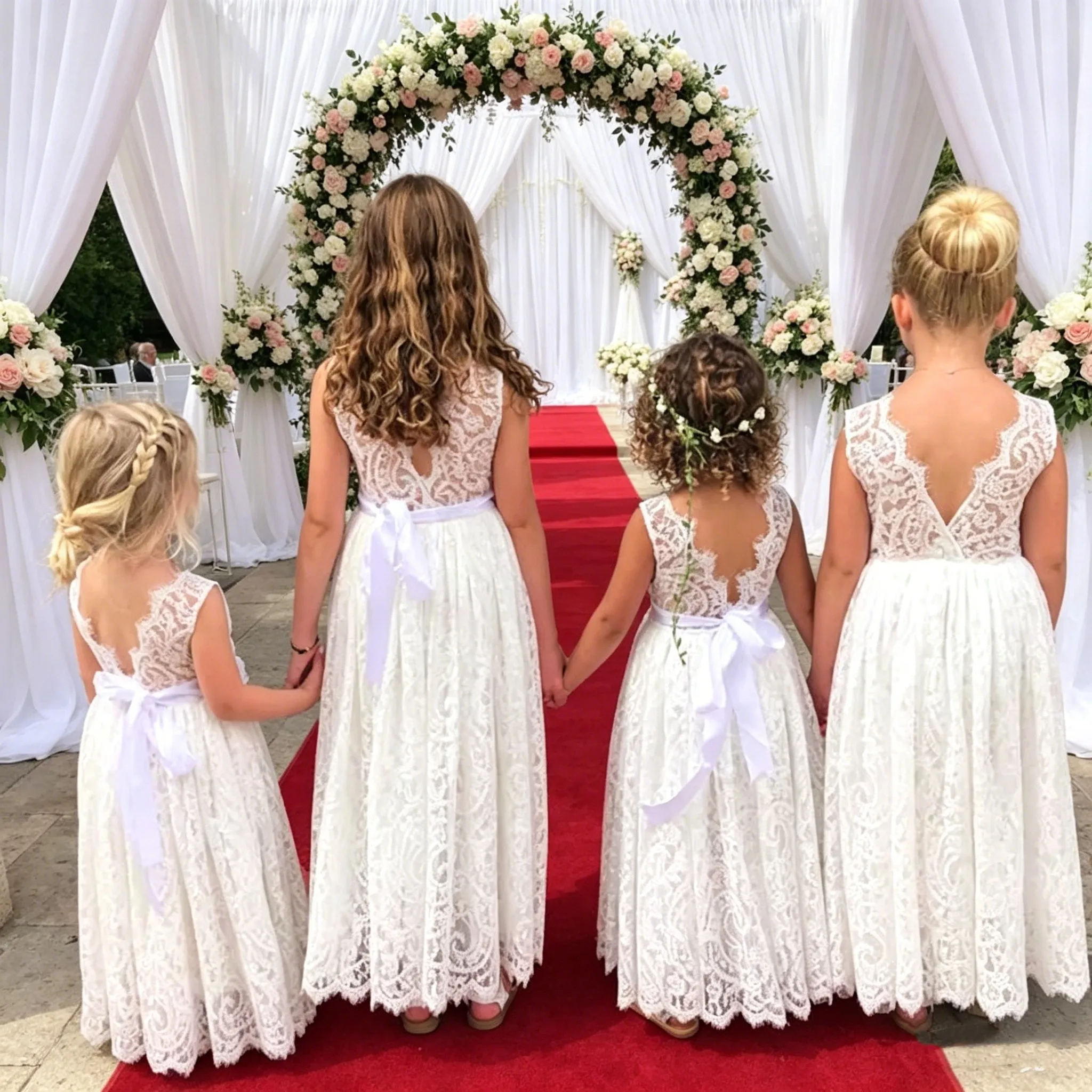 White Lace Flower Girl Dress with Big Bow Elegant Sleeveless A-Line Ball Gowns Formal Communion Wedding Party Dresses