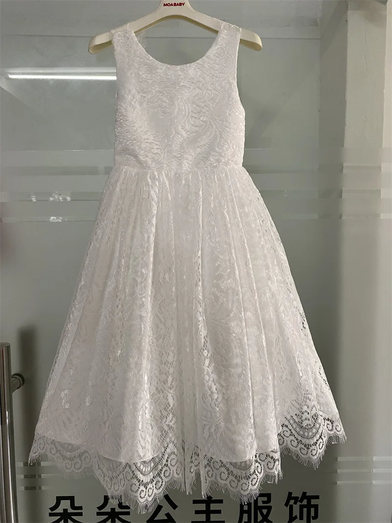 White Lace Flower Girl Dress with Big Bow Elegant Sleeveless A-Line Ball Gowns Formal Communion Wedding Party Dresses