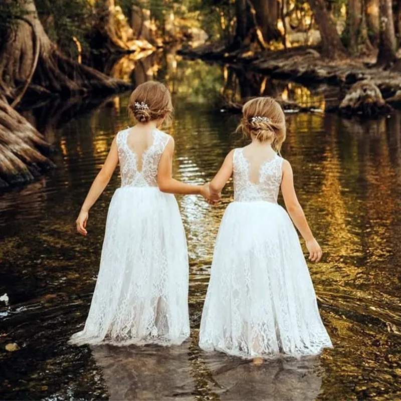 White Lace Flower Girl Dress with Big Bow Elegant Sleeveless A-Line Ball Gowns Formal Communion Wedding Party Dresses