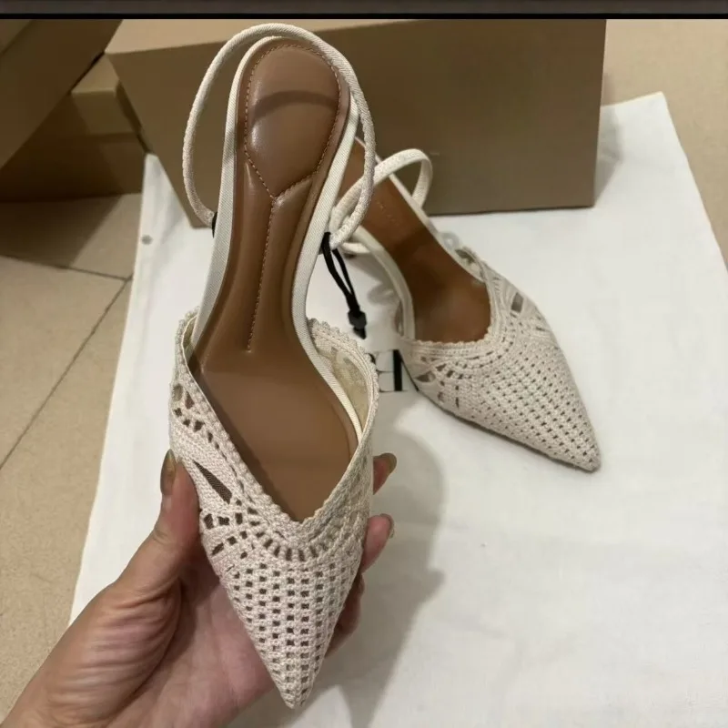 Elegant Crochet Slingback High Heels Women Pointed Toe Hollow Out Pump Sandals Woven Fabric Summer Party Wedding Dress Shoes