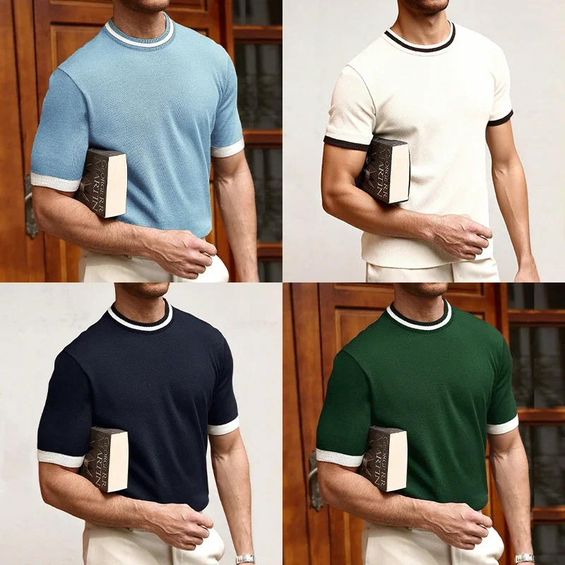 New Men's Stretch Knit T Shirts Casual Short Sleeve Summer Top Knitted Pullover Shirts Crewneck Contrast Knitwear