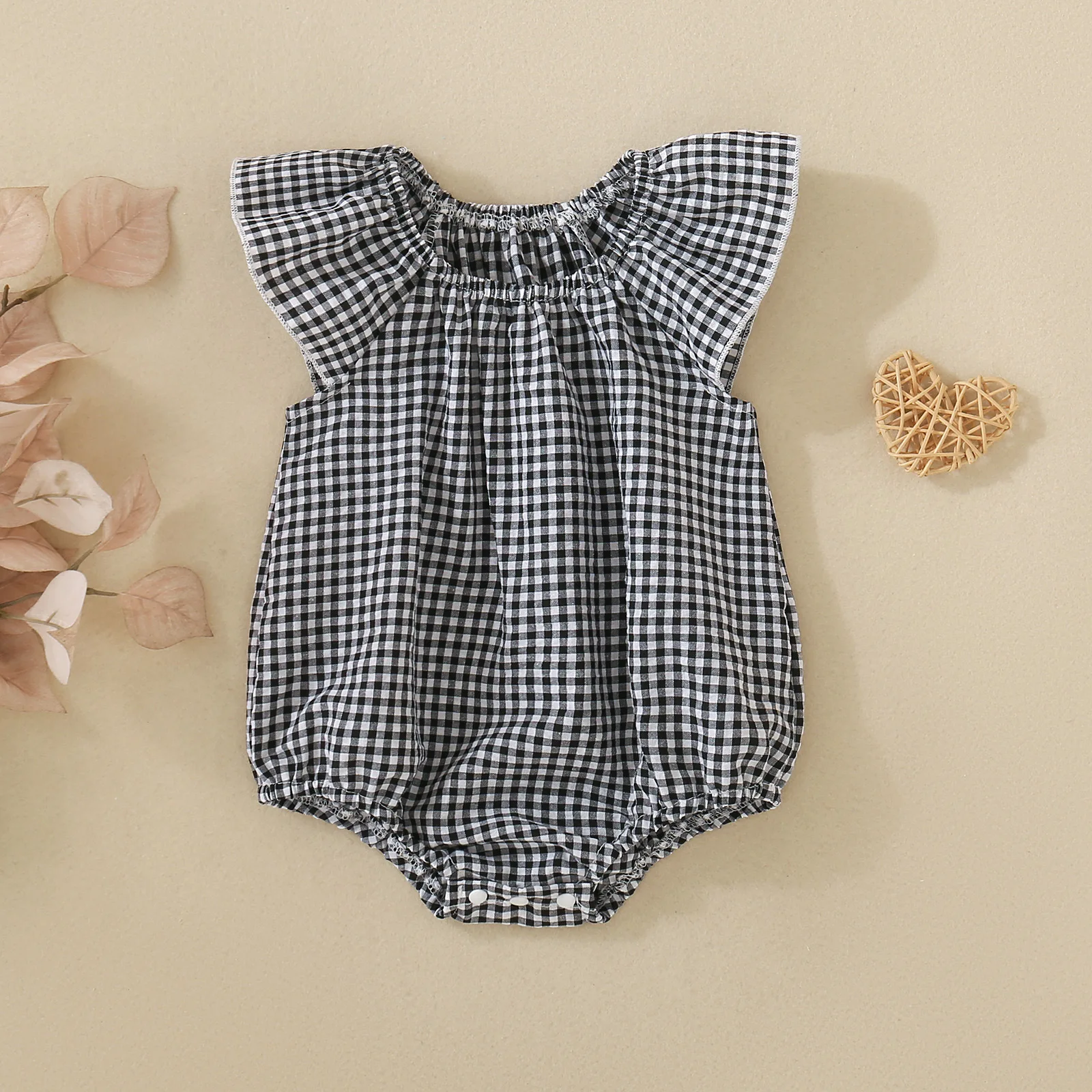 Summer neutral infant multi-color plaid flying sleeves cute Romper