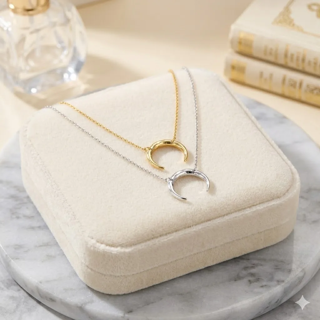 Hiraeva 15mm Crescent Moon Pendant Necklace for Women Stainless Steel Dainty Minimalist Horn Choker Adjustable Jewelry