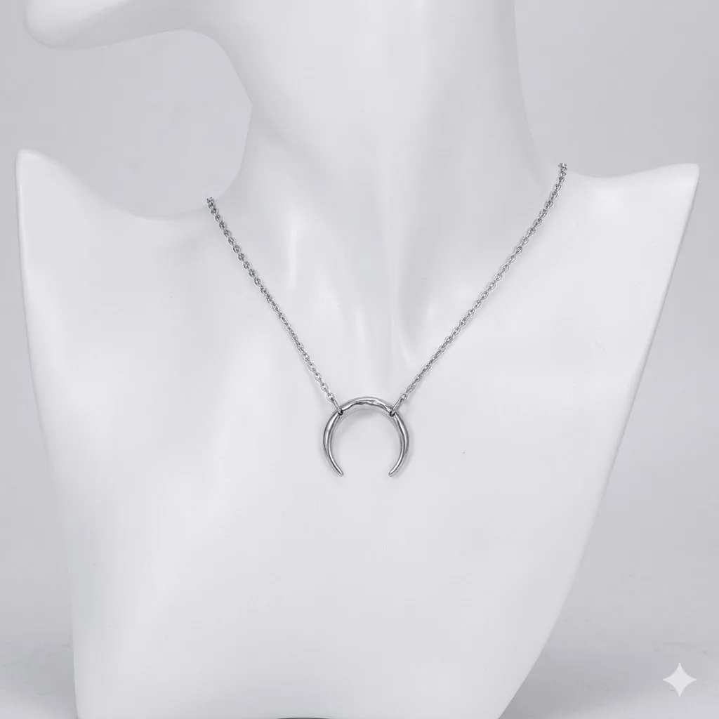 Hiraeva 15mm Crescent Moon Pendant Necklace for Women Stainless Steel Dainty Minimalist Horn Choker Adjustable Jewelry