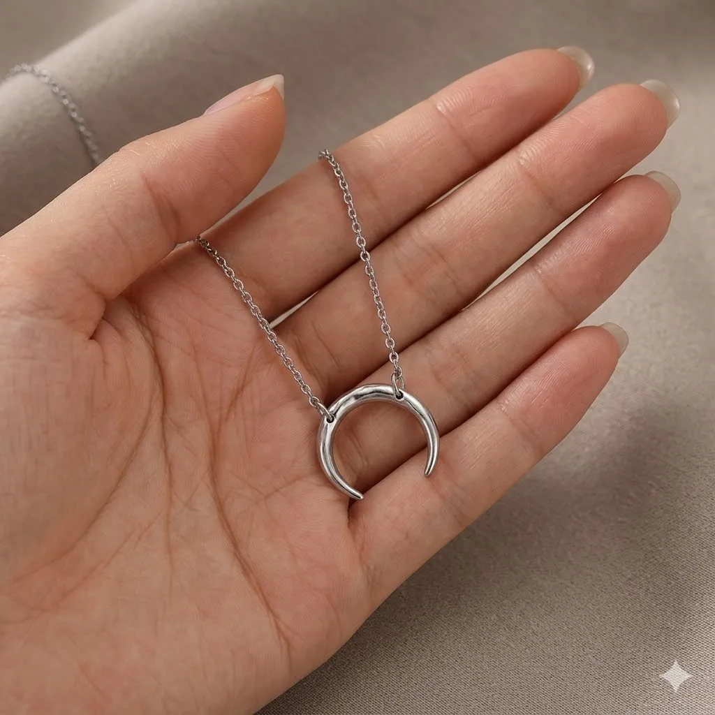 Hiraeva 15mm Crescent Moon Pendant Necklace for Women Stainless Steel Dainty Minimalist Horn Choker Adjustable Jewelry