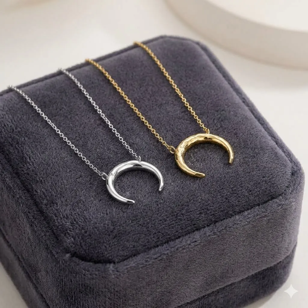 Hiraeva 15mm Crescent Moon Pendant Necklace for Women Stainless Steel Dainty Minimalist Horn Choker Adjustable Jewelry