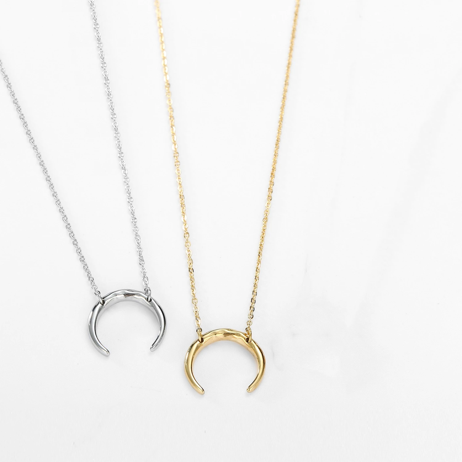 Hiraeva 15mm Crescent Moon Pendant Necklace for Women Stainless Steel Dainty Minimalist Horn Choker Adjustable Jewelry