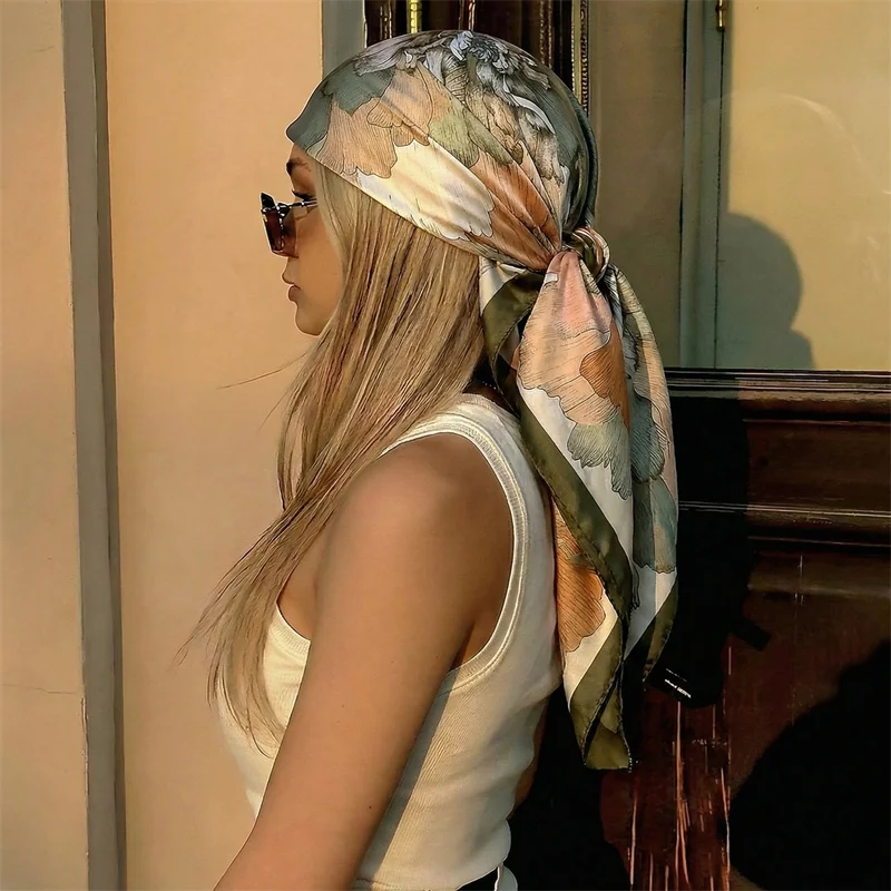 Square Silk Scarf Women Luxury Brand Satin Print Hijab Scarves Muslim Pareo Bandana Female Shawl Wrap Headband Foulard 90cm