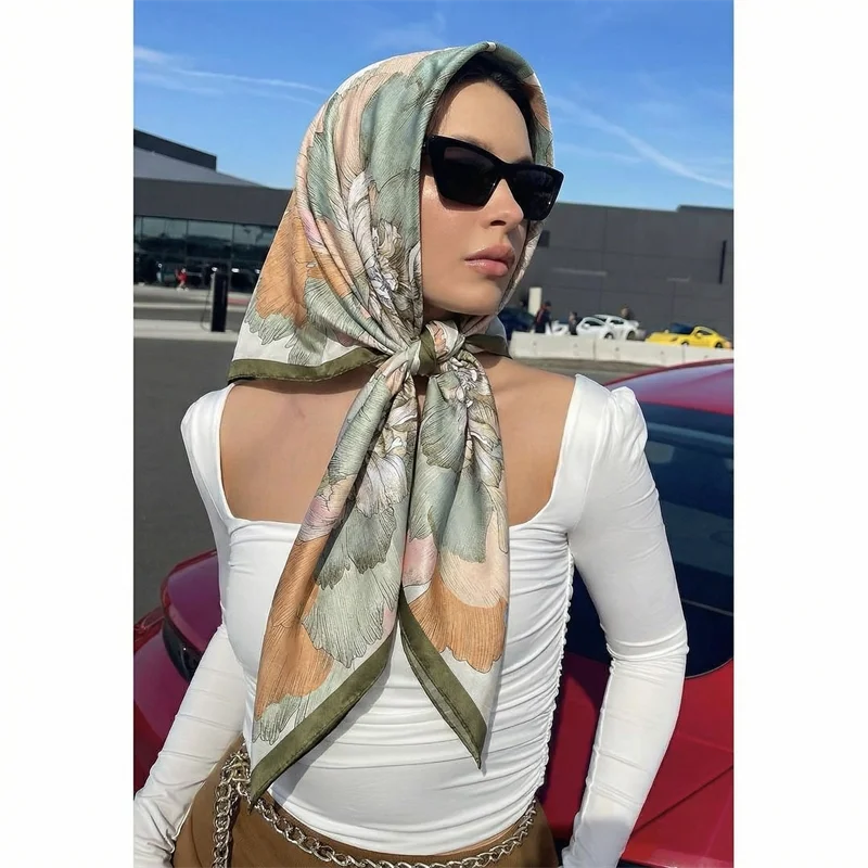 Square Silk Scarf Women Luxury Brand Satin Print Hijab Scarves Muslim Pareo Bandana Female Shawl Wrap Headband Foulard 90cm
