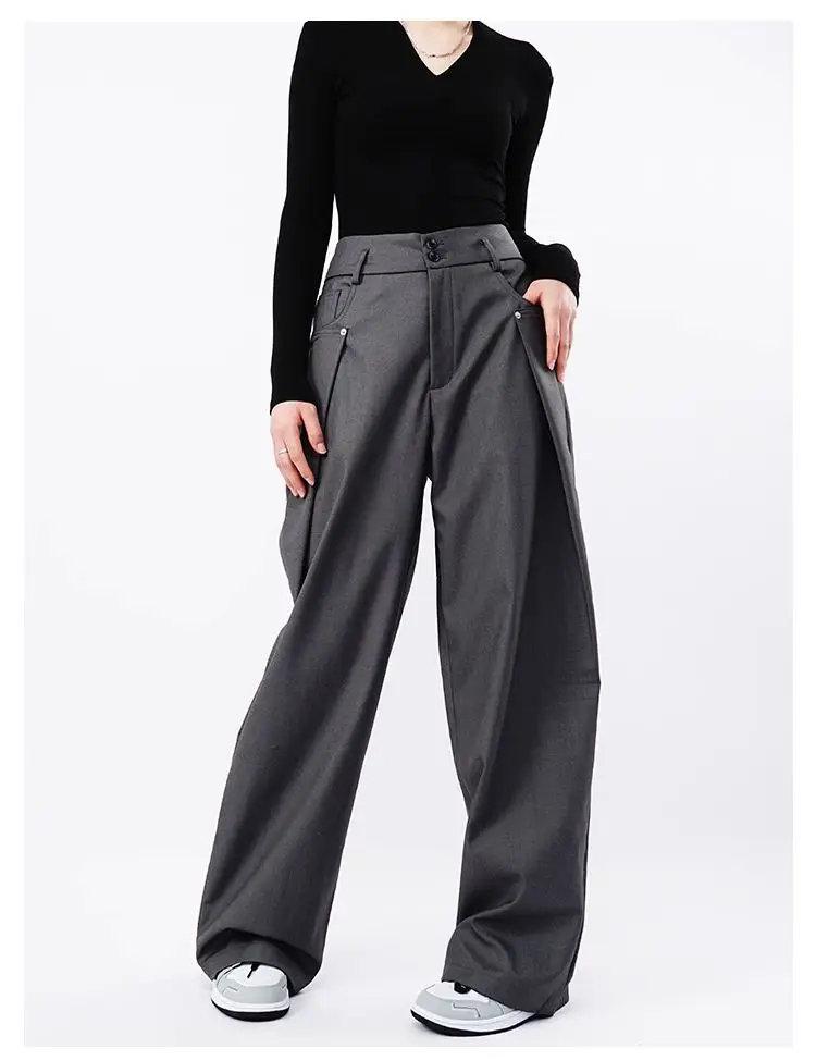Drape Causal Wide Leg Pants Men Loose Streetwear Harajuku Work Wear Business Suit Pants Korean Baggy Cool Black/Gray Trousers