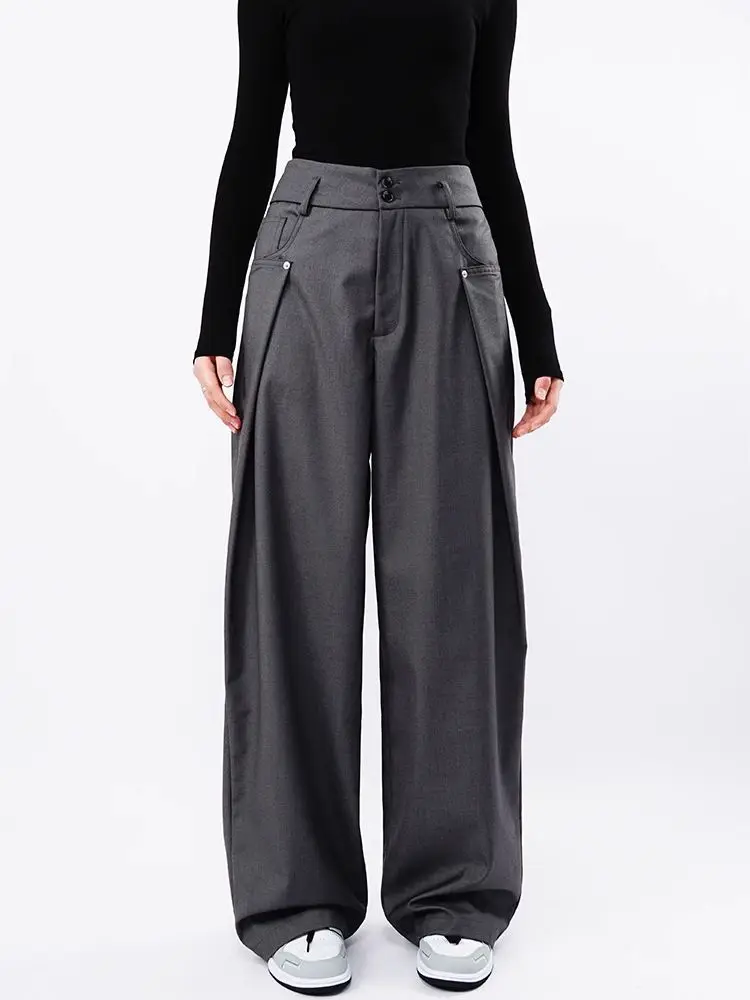 Drape Causal Wide Leg Pants Men Loose Streetwear Harajuku Work Wear Business Suit Pants Korean Baggy Cool Black/Gray Trousers