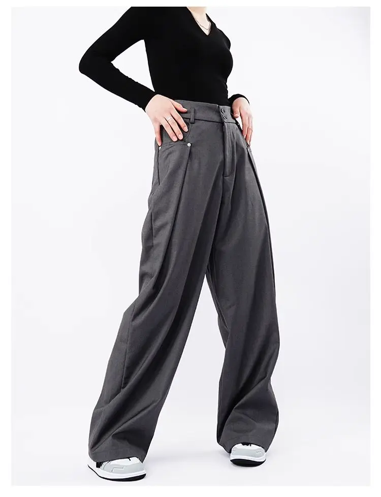 Drape Causal Wide Leg Pants Men Loose Streetwear Harajuku Work Wear Business Suit Pants Korean Baggy Cool Black/Gray Trousers