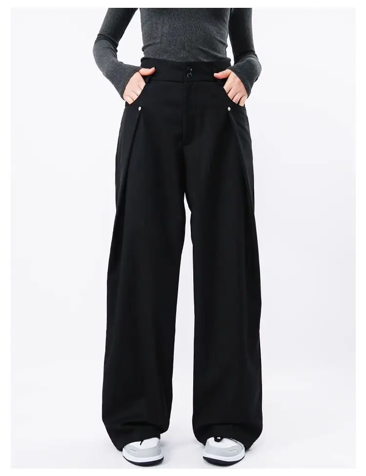 Drape Causal Wide Leg Pants Men Loose Streetwear Harajuku Work Wear Business Suit Pants Korean Baggy Cool Black/Gray Trousers