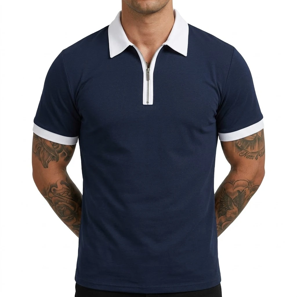 Summer Men's Zipper Short Sleeve Polo Shirts Casual Color Block T-Shirt Lightweight Shirts for Men New Laple Wicking Streetwear