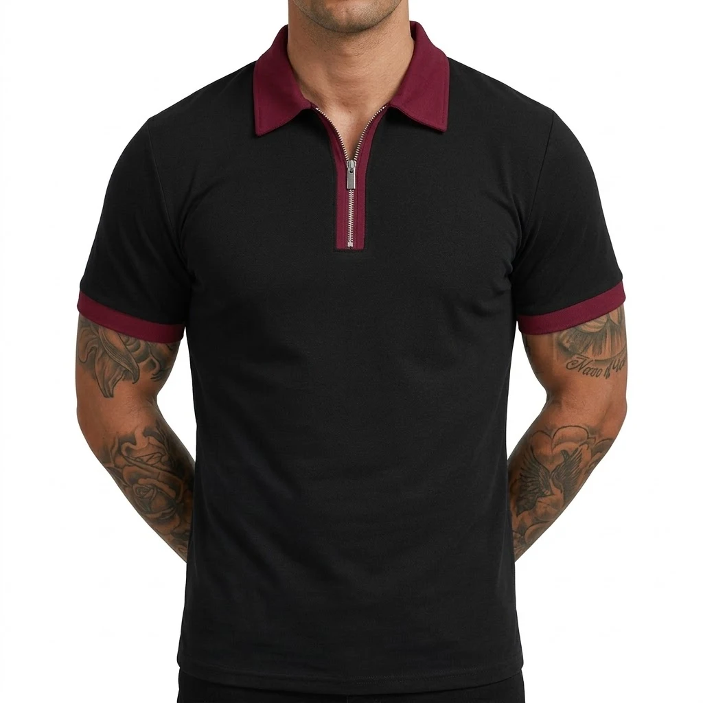 Summer Men's Zipper Short Sleeve Polo Shirts Casual Color Block T-Shirt Lightweight Shirts for Men New Laple Wicking Streetwear