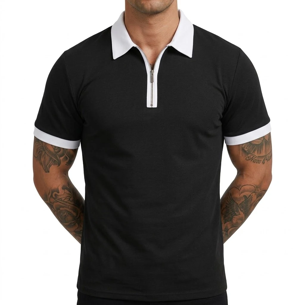Summer Men's Zipper Short Sleeve Polo Shirts Casual Color Block T-Shirt Lightweight Shirts for Men New Laple Wicking Streetwear
