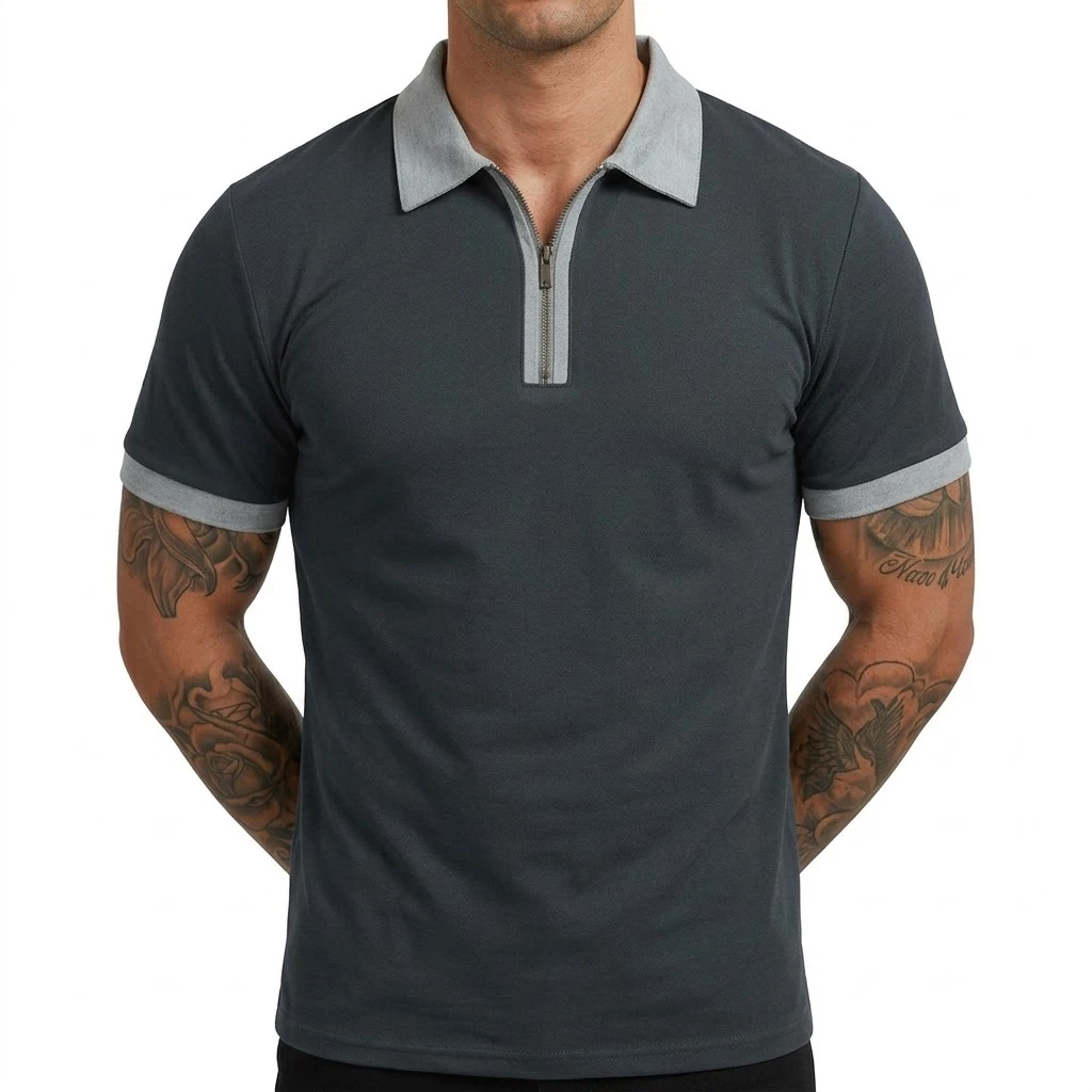 Summer Men's Zipper Short Sleeve Polo Shirts Casual Color Block T-Shirt Lightweight Shirts for Men New Laple Wicking Streetwear