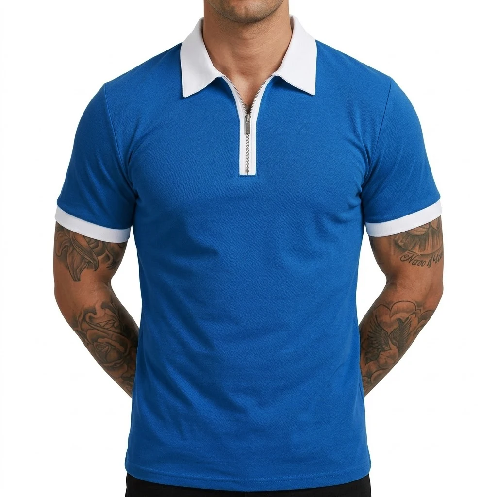 Summer Men's Zipper Short Sleeve Polo Shirts Casual Color Block T-Shirt Lightweight Shirts for Men New Laple Wicking Streetwear