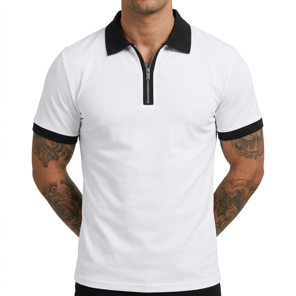 Summer Men's Zipper Short Sleeve Polo Shirts Casual Color Block T-Shirt Lightweight Shirts for Men New Laple Wicking Streetwear