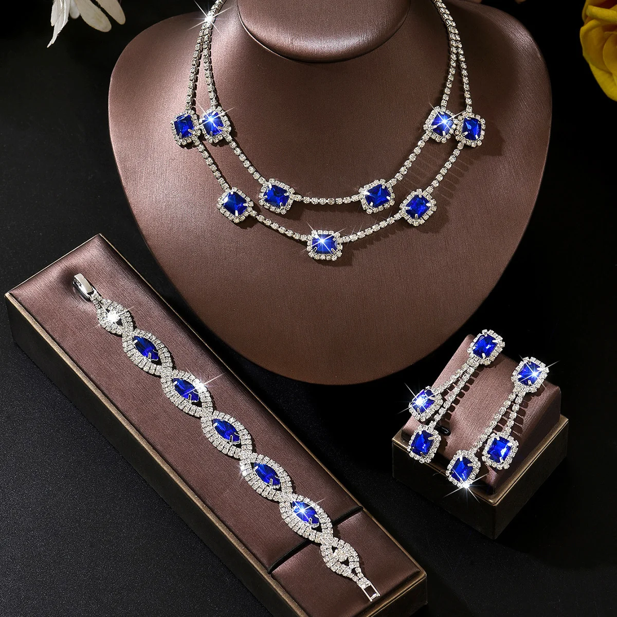 Emerald-set diamond crystal square tassel earrings and necklace - Luxury wedding three-piece set