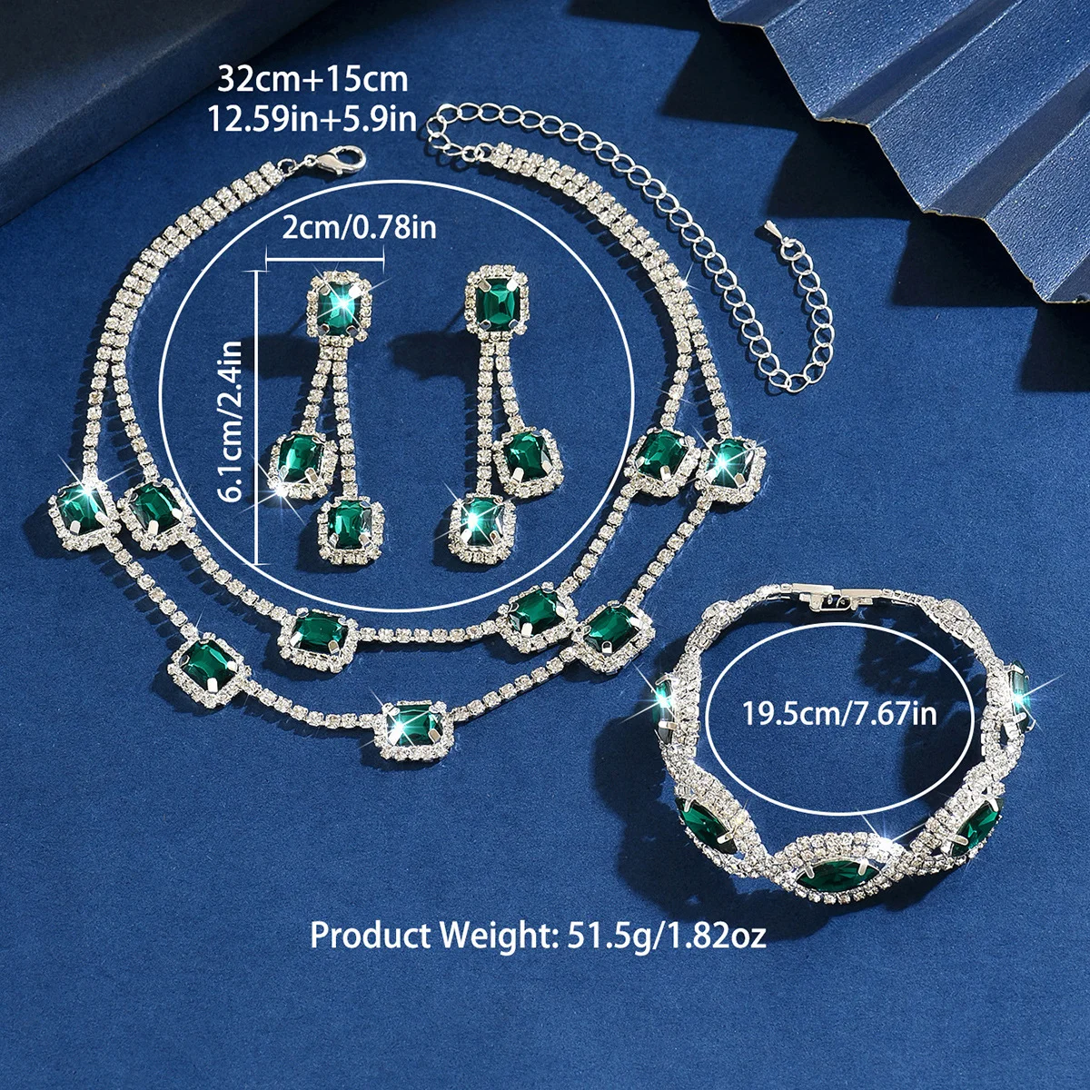 Emerald-set diamond crystal square tassel earrings and necklace - Luxury wedding three-piece set