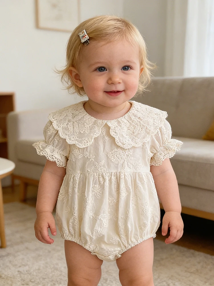 2026 New Summer Newborn Baby Romper Short Sleeved Cotton Embroidered Korean Style Children Sweet Romper Thin Outdoor Clothes