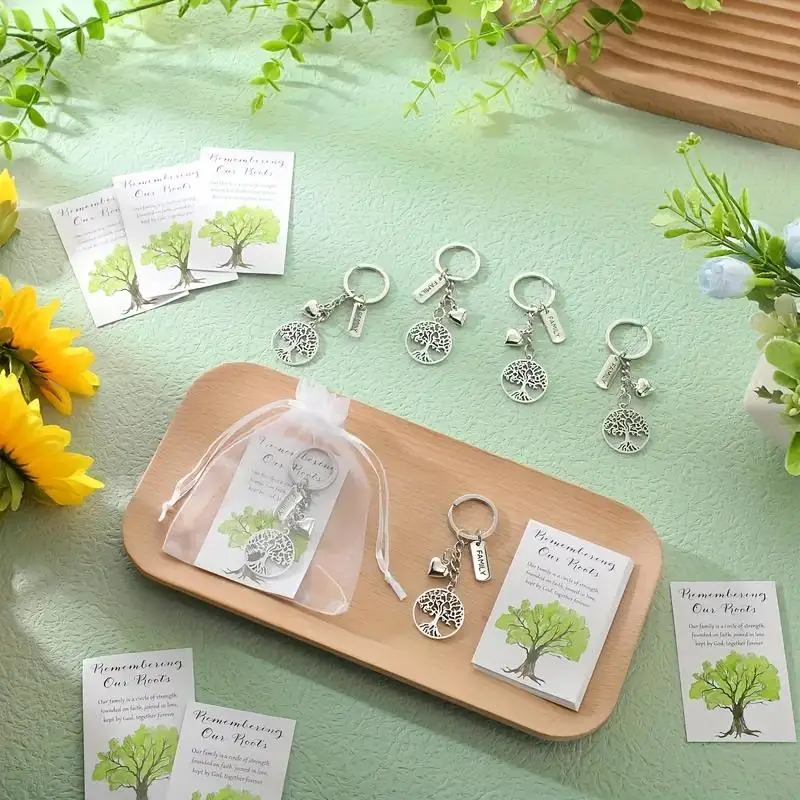 10-100sets Life Tree Keychains with Gift Bag Remembering Our Roots Card Family Party Decorative Keyring Gift for Family Day
