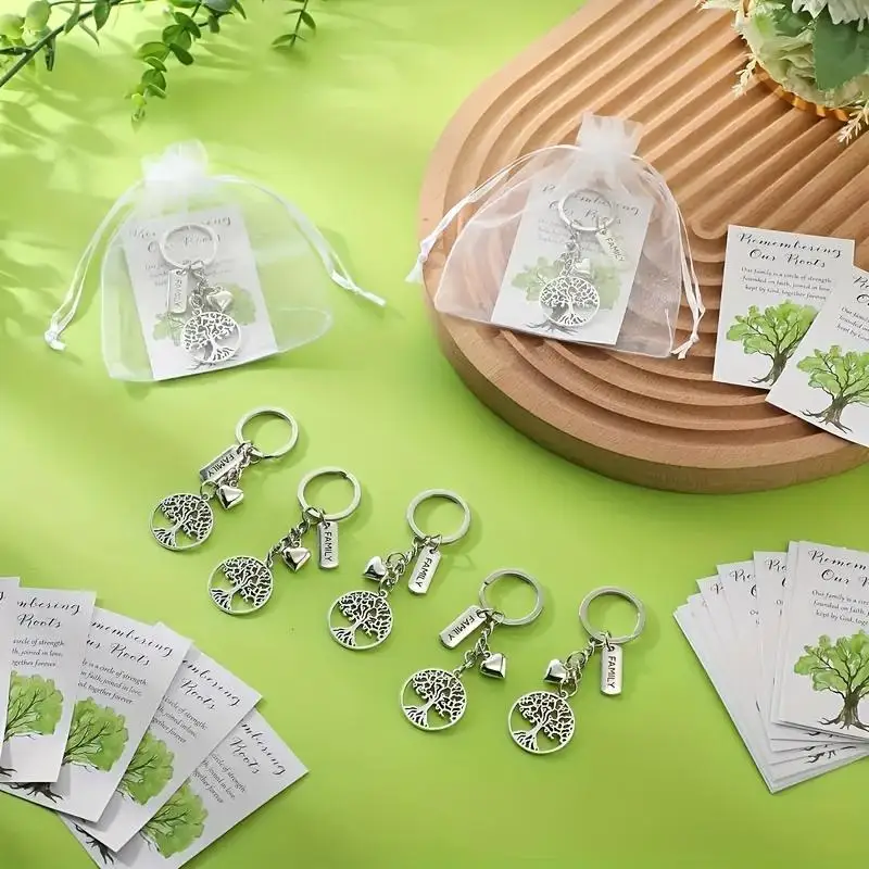 10-100sets Life Tree Keychains with Gift Bag Remembering Our Roots Card Family Party Decorative Keyring Gift for Family Day