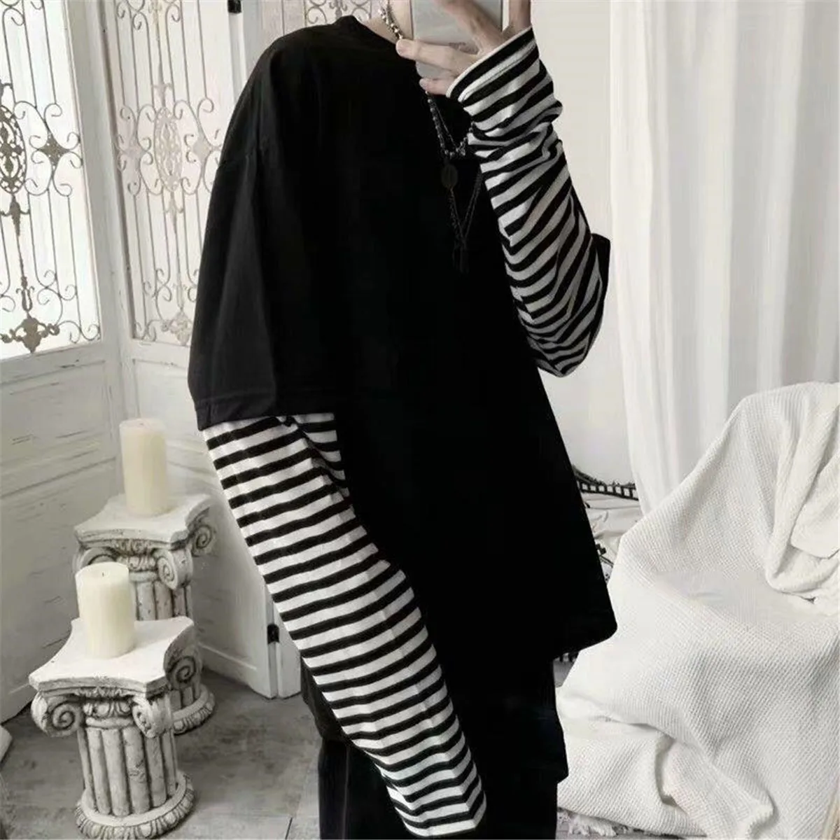 Black Striped Patchwork T-Shirt Men Autumn Oversize Women Tops Solid Long Sleeve Handsome T Shirt Fashion Japanese Couple Trend