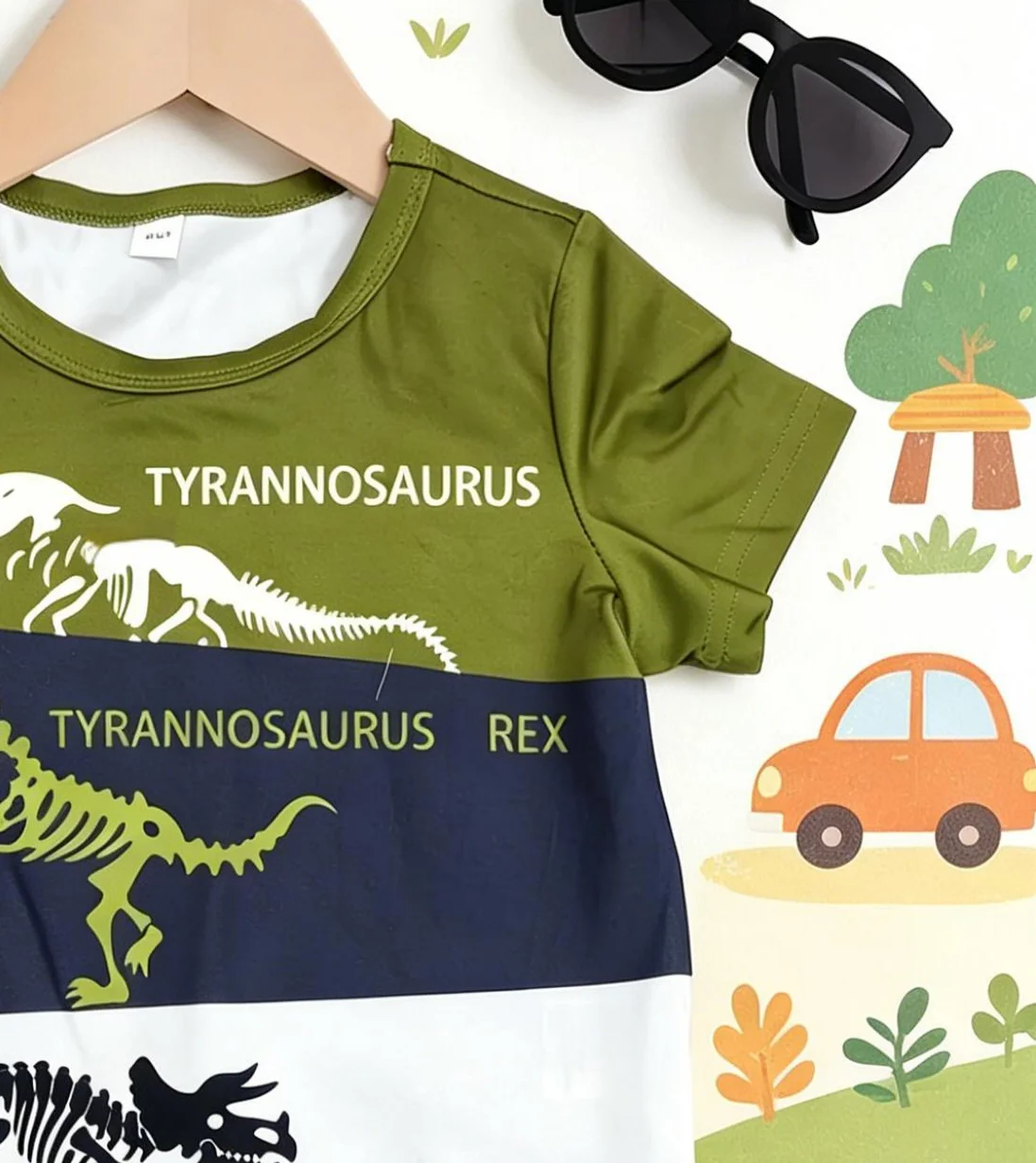 Cool Style Dinosaur Skeleton Print Boys Short Sleeve Shorts Set New Arrival