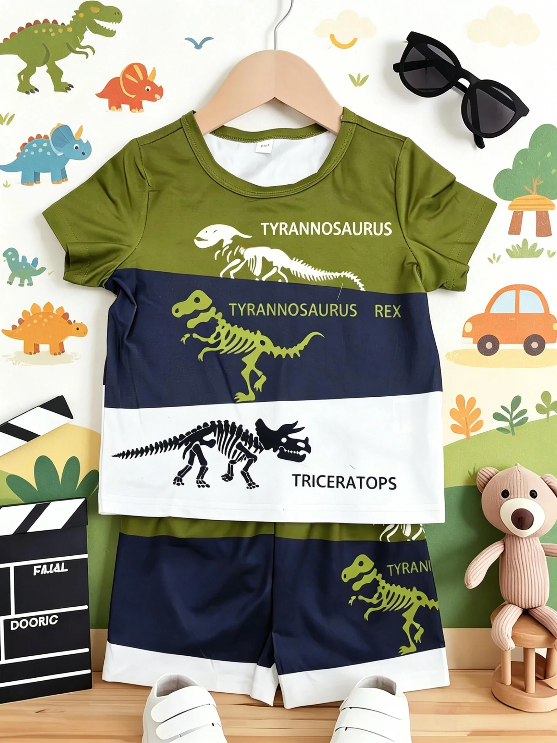 Cool Style Dinosaur Skeleton Print Boys Short Sleeve Shorts Set New Arrival