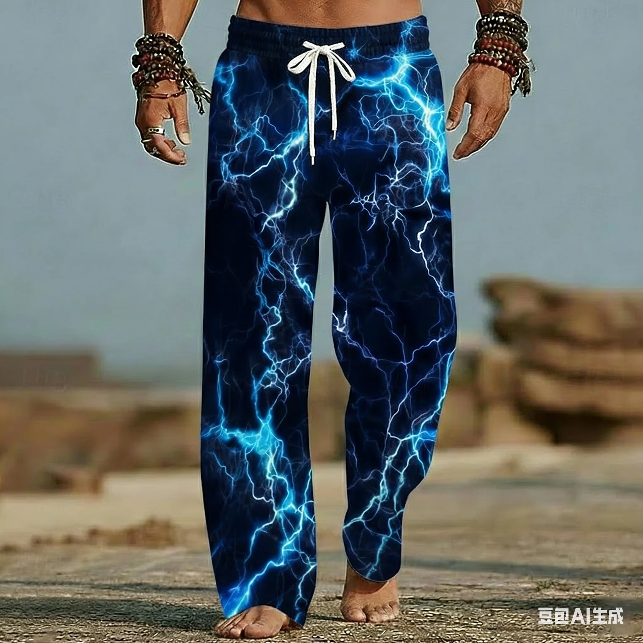 Men's and Women's Beach Pants with Lightning Patterns 3D Printed Wide Leg Elastic Casual Summer Vacation Loose Breathable Pants