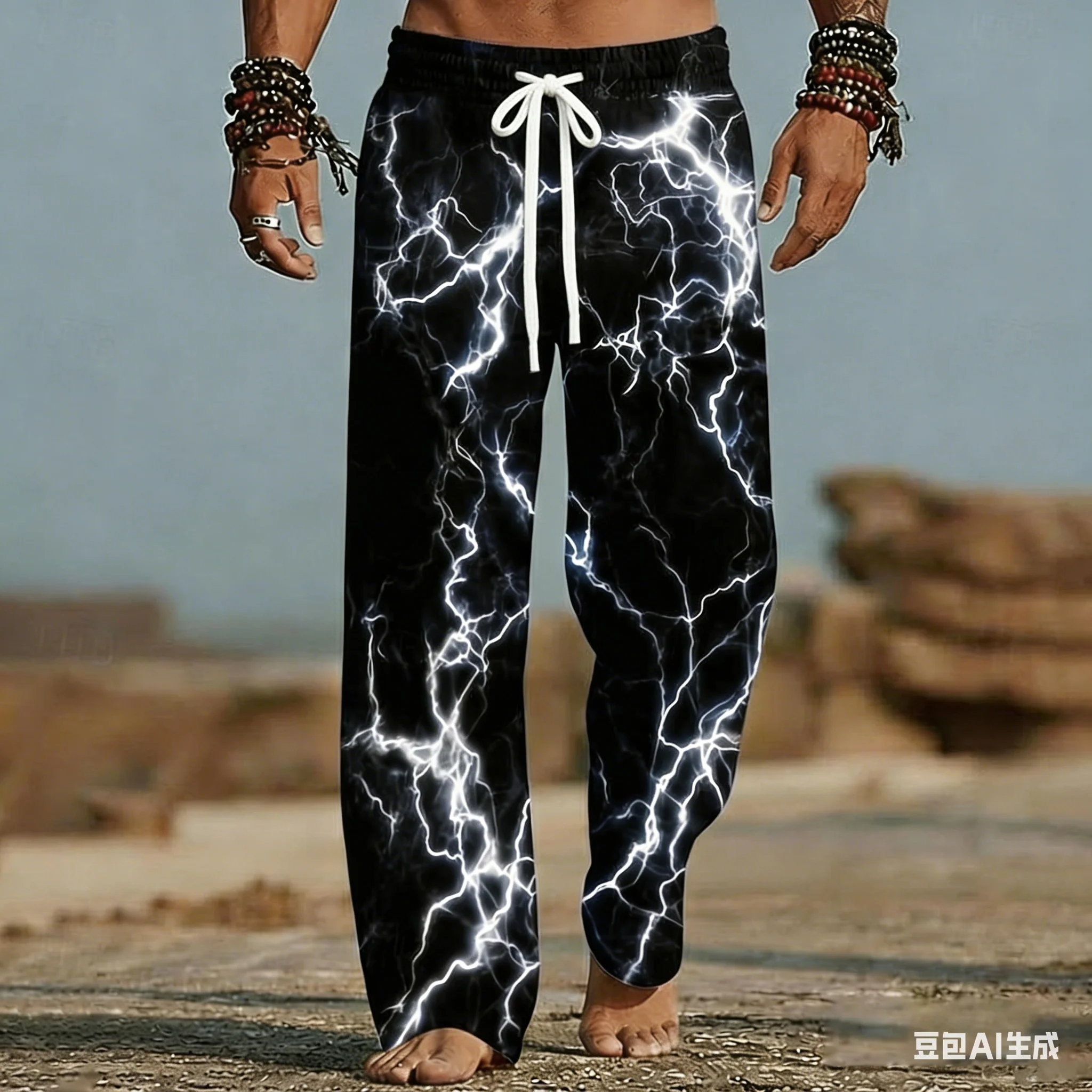 Men's and Women's Beach Pants with Lightning Patterns 3D Printed Wide Leg Elastic Casual Summer Vacation Loose Breathable Pants