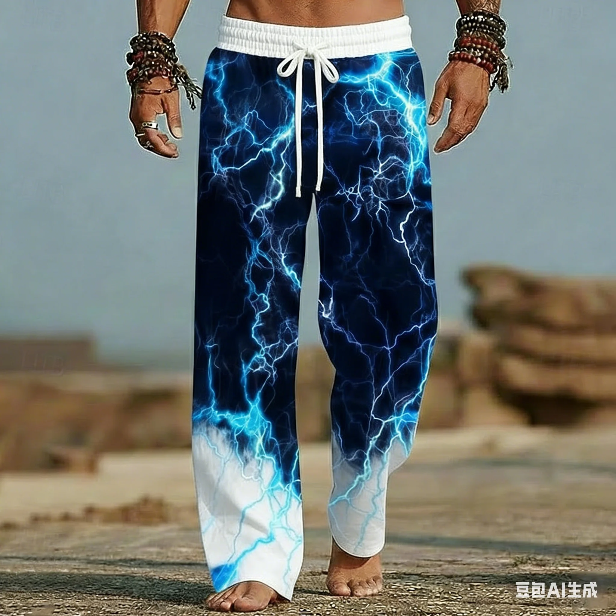 Men's and Women's Beach Pants with Lightning Patterns 3D Printed Wide Leg Elastic Casual Summer Vacation Loose Breathable Pants